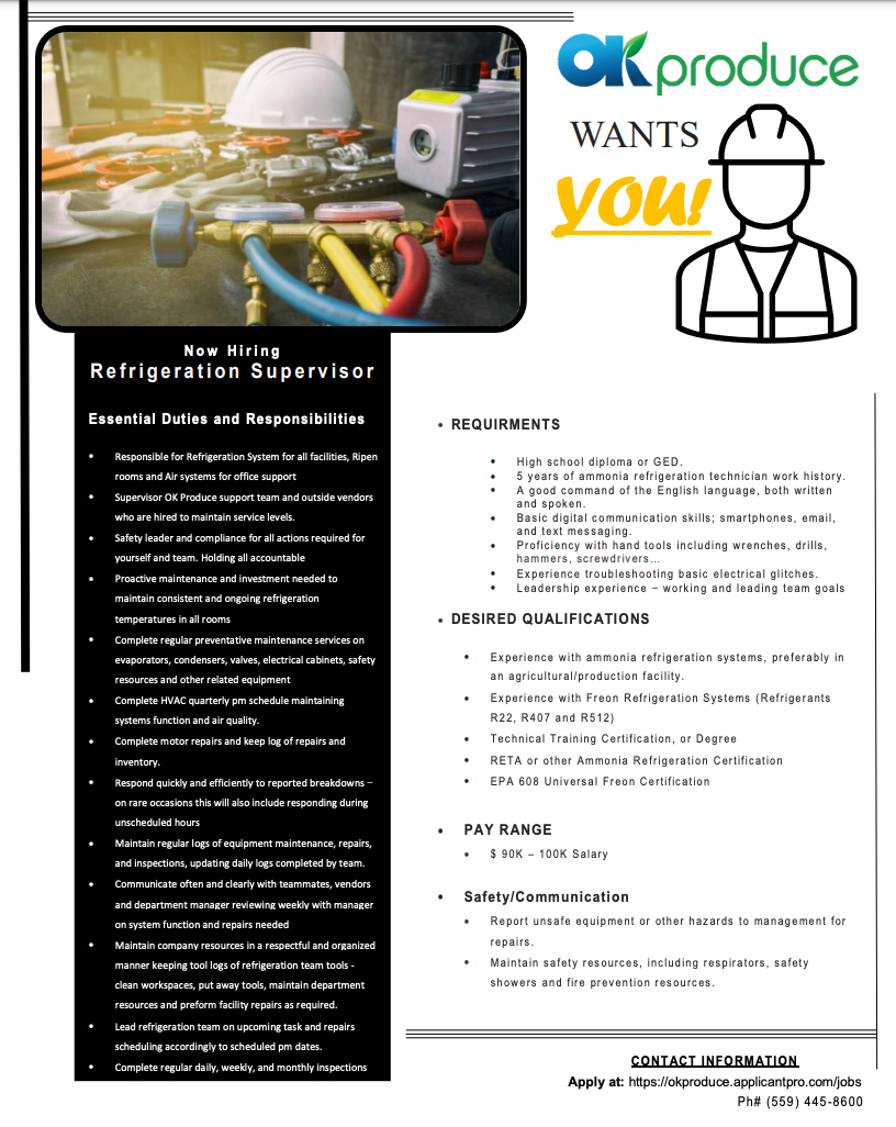 Refrigeration Supervisor Fresno, CA OK Produce Jobs